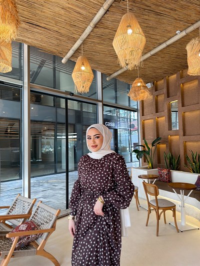 Derli Puantiye Elbise - Kahve