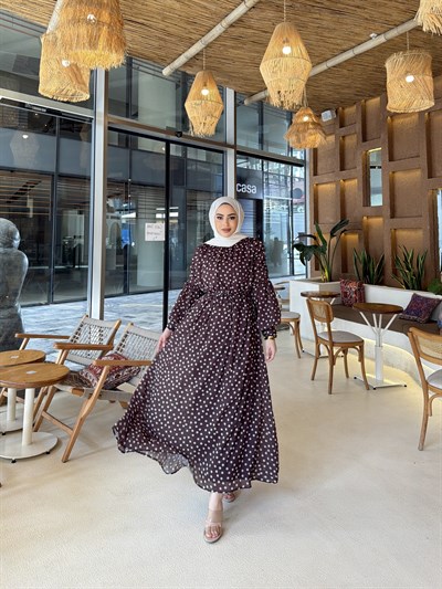 Derli Puantiye Elbise - Kahve