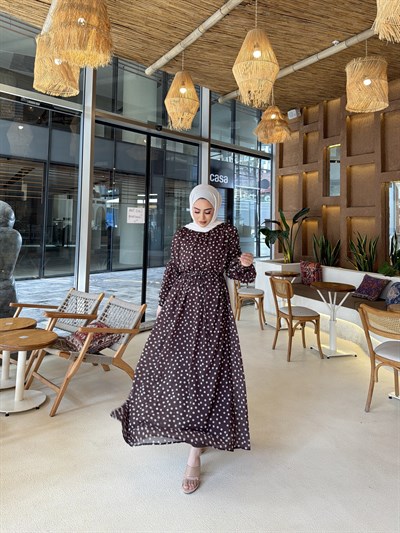 Derli Puantiye Elbise - Kahve