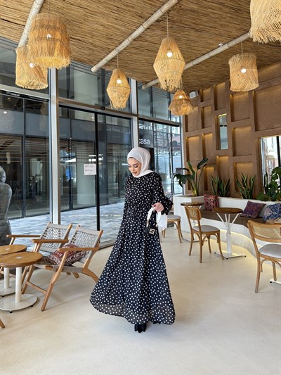 Derli Puantiye Elbise - Siyah 