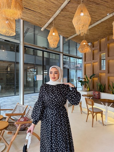 Derli Puantiye Elbise - Siyah 