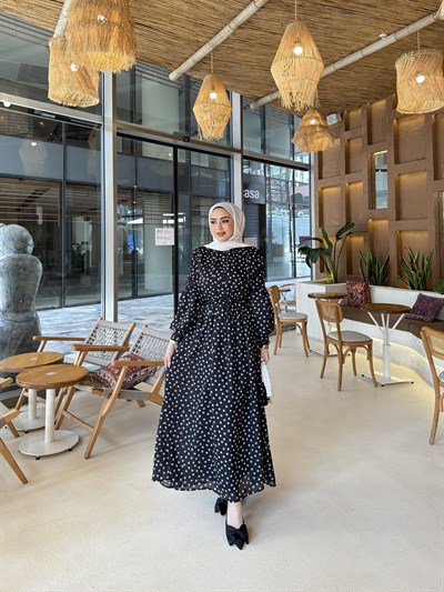 Derli Puantiye Elbise - Siyah 