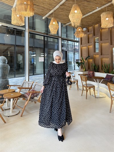 Derli Puantiye Elbise - Siyah 