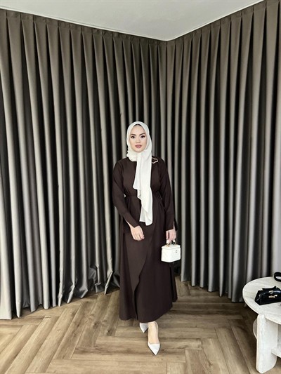 Desli Broşlu Elbise - Acı Kahve