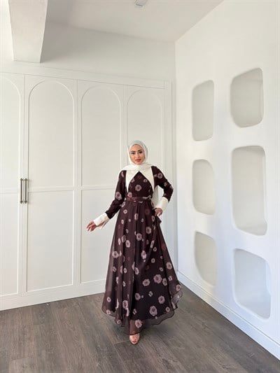 Dum Yaka Detay Elbise - Kahve
