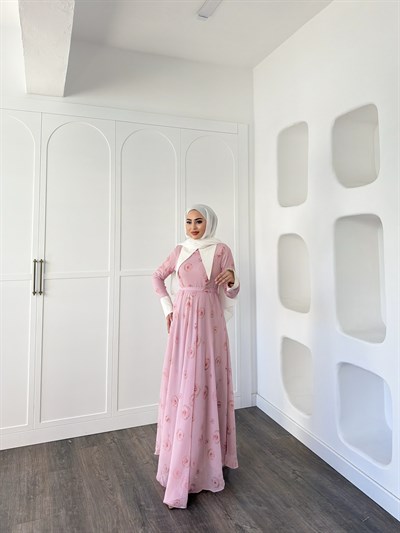 Dum Yaka Detay Elbise - Pembe