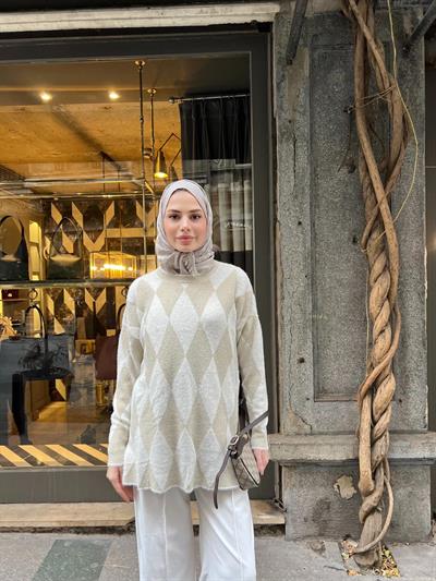 Eca Simli Desenli Kazak - Krem