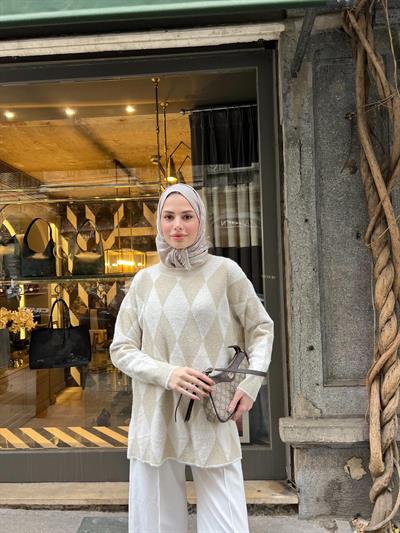 Eca Simli Desenli Kazak - Krem