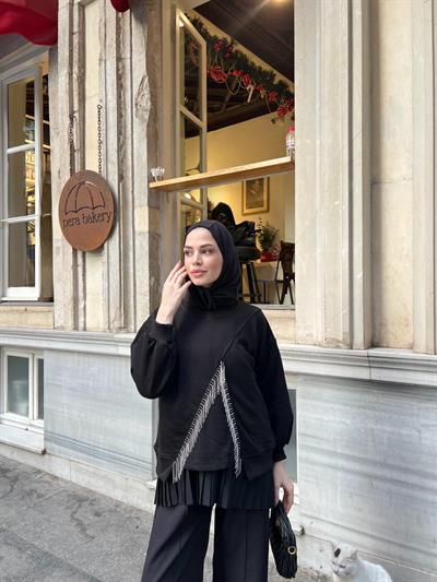 Ela Taş Detaylı Sweat - Siyah