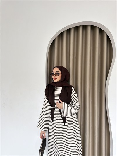 Elisa Çizgili Elbise - Kahve 