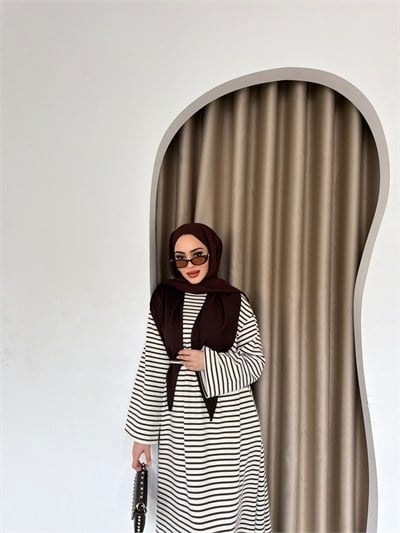Elisa Çizgili Elbise - Kahve 