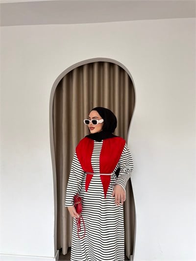 Elisa Çizgili Elbise - Kırmızı