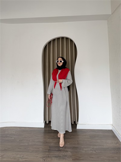 Elisa Çizgili Elbise - Kırmızı