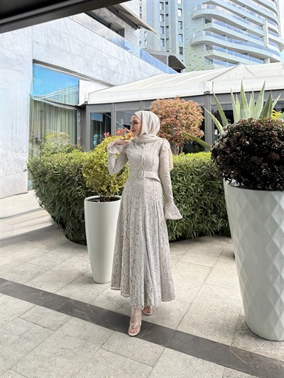 Epli Dantel Elbise - Bej