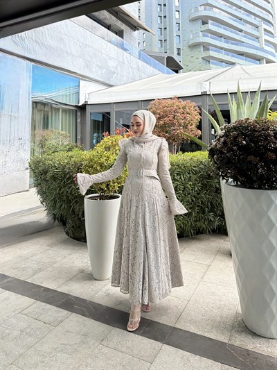 Epli Dantel Elbise - Bej