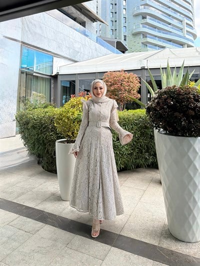 Epli Dantel Elbise - Bej