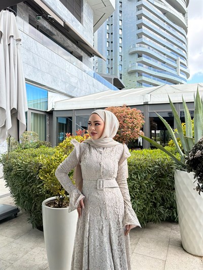 Epli Dantel Elbise - Bej