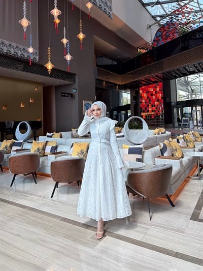 Epli Dantel Elbise - Beyaz