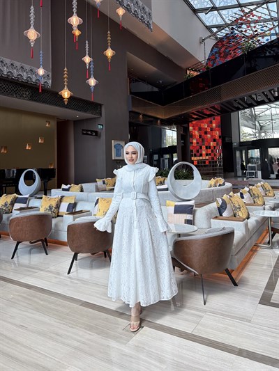 Epli Dantel Elbise - Beyaz