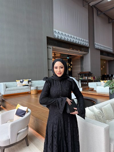 Epli Dantel Elbise- Siyah