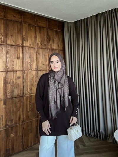 Eva Simli Kolu Düğmeli Triko Kazak Acı Kahve