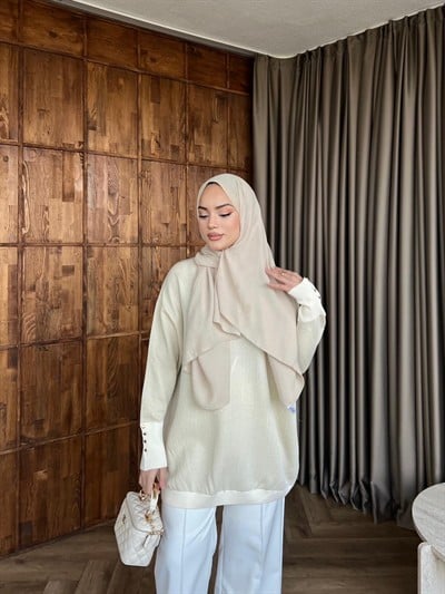 Eva Simli Kolu Düğmeli Triko Kazak Bej