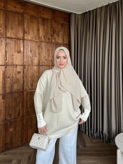 Eva Simli Kolu Düğmeli Triko Kazak Bej