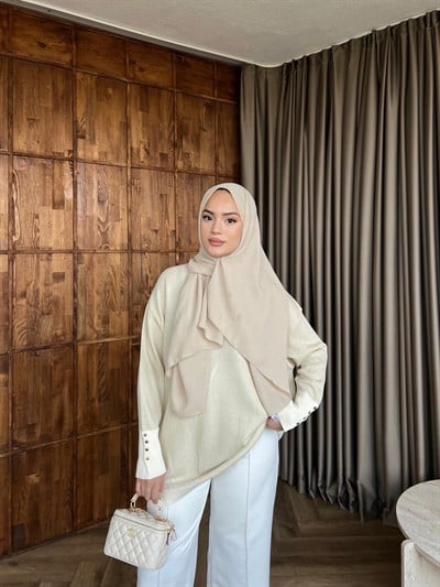 Eva Simli Kolu Düğmeli Triko Kazak Bej