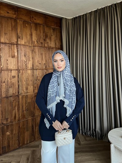 Eva Simli Kolu Düğmeli Triko Kazak Lacivert