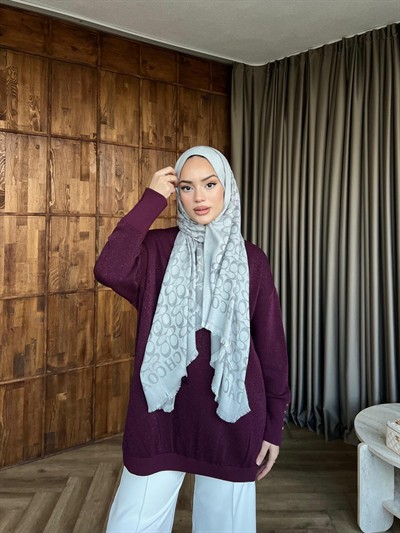 Eva Simli Kolu Düğmeli Triko Kazak Mürdüm