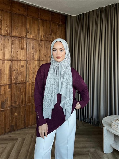 Eva Simli Kolu Düğmeli Triko Kazak Mürdüm