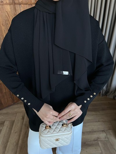 Eva Simli Kolu Düğmeli Triko Kazak Siyah