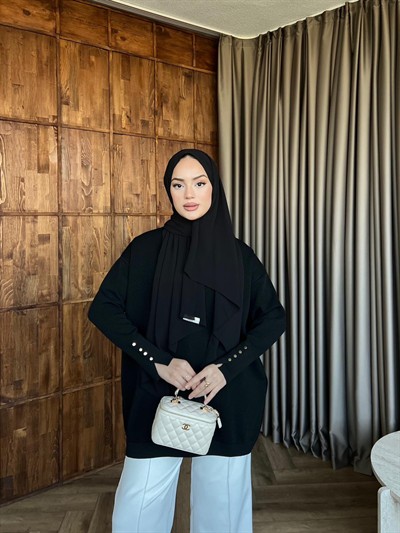 Eva Simli Kolu Düğmeli Triko Kazak Siyah