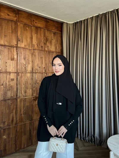 Eva Simli Kolu Düğmeli Triko Kazak Siyah