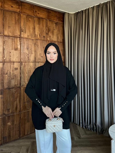 Eva Simli Kolu Düğmeli Triko Kazak Siyah