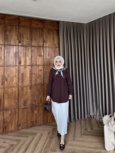 Fular Detaylı Gömlek - Kahve