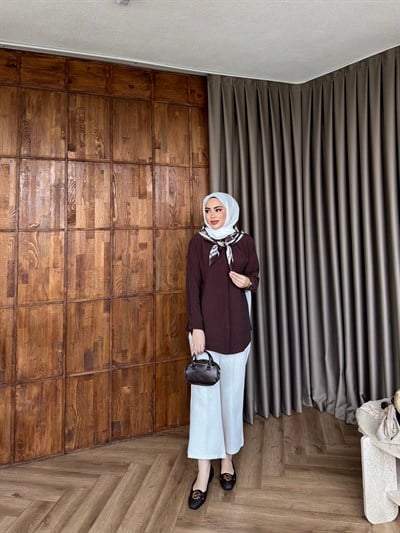 Fular Detaylı Gömlek - Kahve