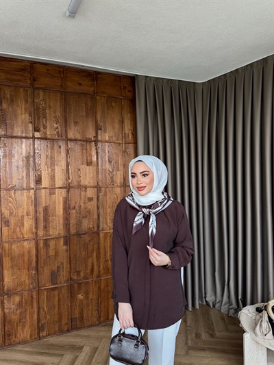 Fular Detaylı Gömlek - Kahve