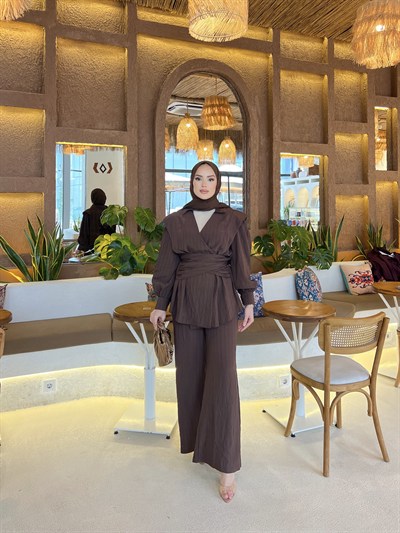 Helena Modal Gofre Pantolonlu Takım - Kahve   ÖN SİPARİŞ 