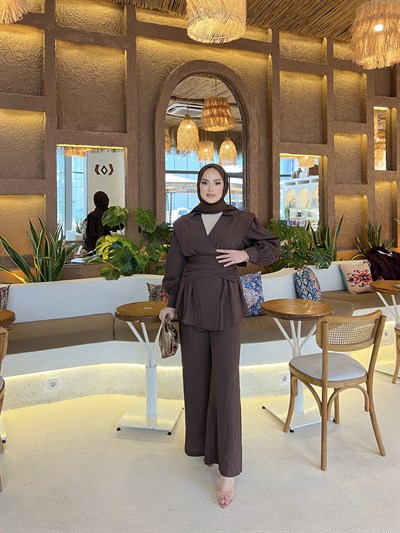 Helena Modal Gofre Pantolonlu Takım - Kahve   ÖN SİPARİŞ 