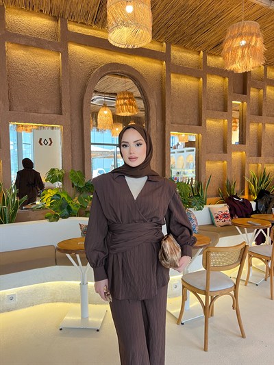 Helena Modal Gofre Pantolonlu Takım - Kahve   ÖN SİPARİŞ 