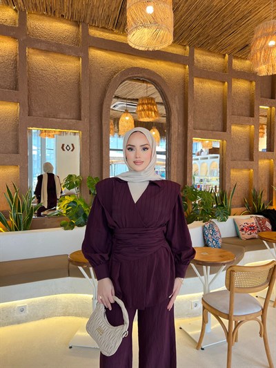 Helena Modal Gofre Pantolonlu Takım - Mürdüm  ÖN SİPARİŞ