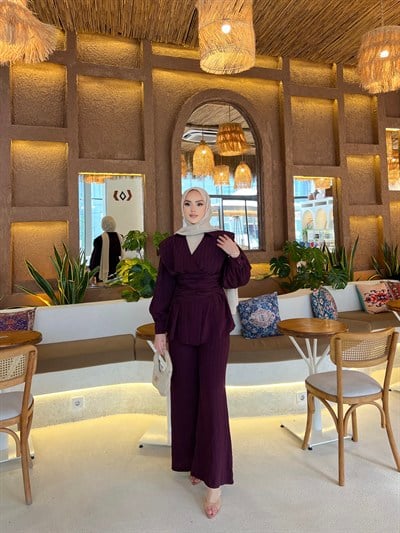 Helena Modal Gofre Pantolonlu Takım - Mürdüm  ÖN SİPARİŞ