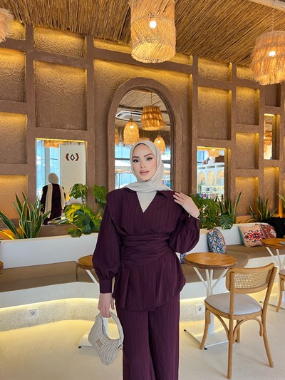 Helena Modal Gofre Pantolonlu Takım - Mürdüm  ÖN SİPARİŞ