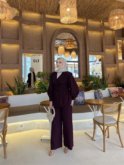 Helena Modal Gofre Pantolonlu Takım - Mürdüm  ÖN SİPARİŞ