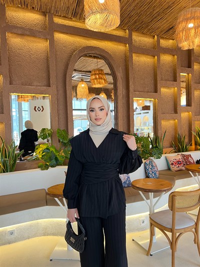 Helena Modal Gofre Pantolonlu Takım - Siyah  ÖN SİPARİŞ 