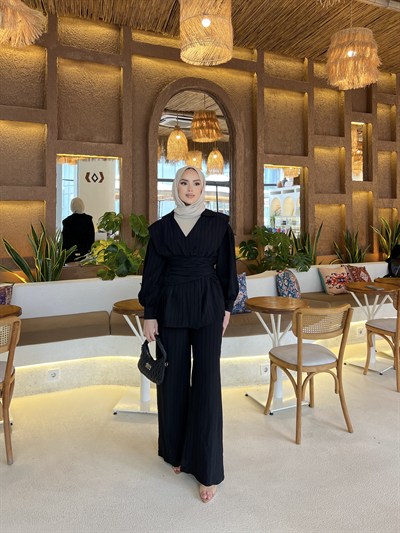 Helena Modal Gofre Pantolonlu Takım - Siyah  ÖN SİPARİŞ 