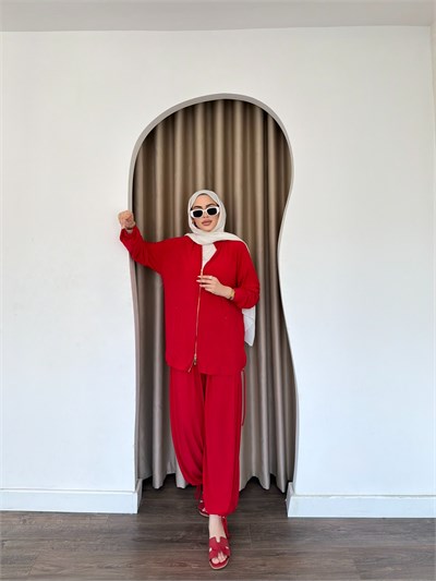Helin Paça Lastikli Takım - Kırmızı
