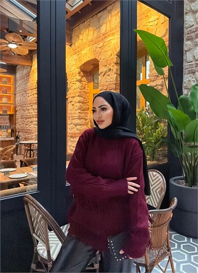Hifa Kolu Püsküllü Triko Kazak-  Bordo