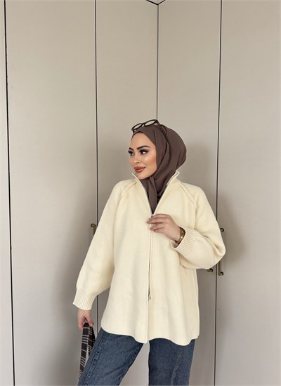 Hira Fermuarlı Hırka - Bej